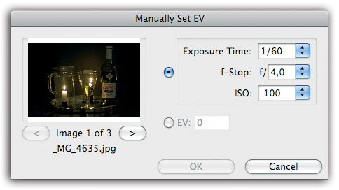 Figura 10: impostazione manuale degli f-stop o EV nel caso di importazione di versioni JPEG