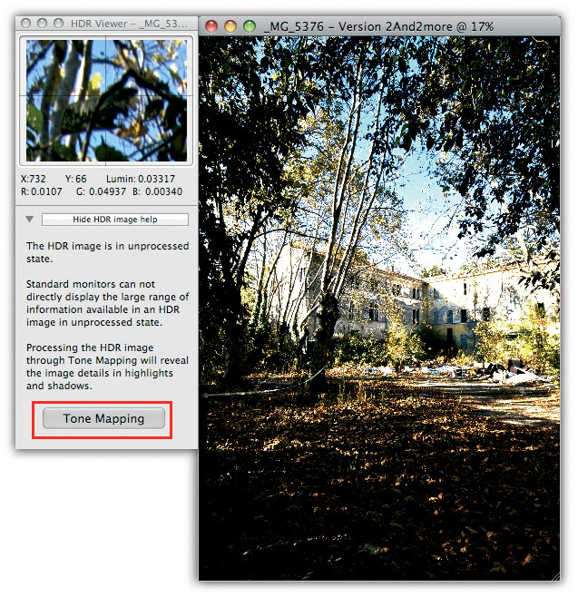 Figura 16: l’immagine HDR perfettamente allineata. Ora bisognerà premere Tone Mapping per poter visualizzare gli effetti su luci e ombre. Immagine scattata con una Canon EOS 40D a ISO 100. 1/100 sec. F.9 -1.0 EV. Le immagini supplementari sono state ricavate come versioni JPEG con Apple Aperture con valori +2.0 EV e -2.0 EV