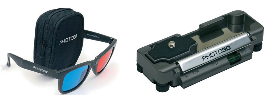Figura 2: alcuni dei componenti del Mission 3D KIT-303: a sinistra, gli occhiali con lenti rossa e blu; a destra, la staffa per il corretto posizionamento della macchina in riprese di soggetti statici