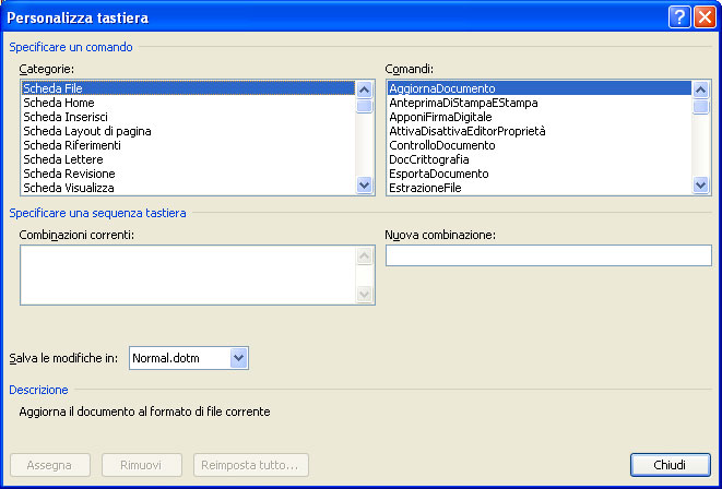 Figura 15: la finestra Personalizza tastiera di Word