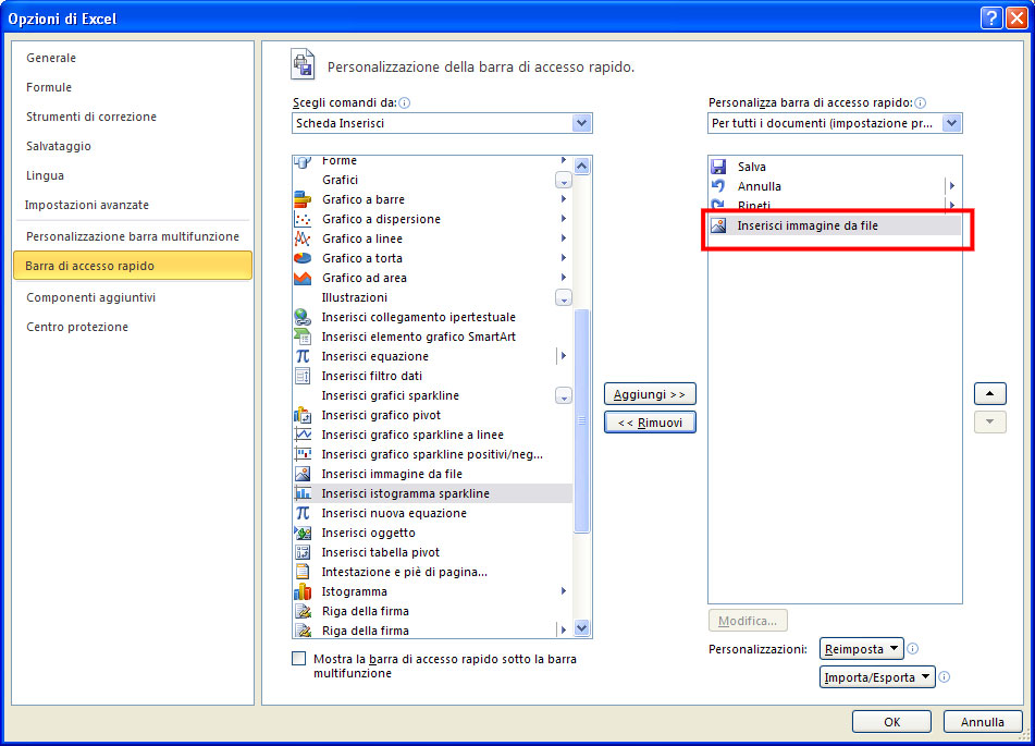 Figura 19: il comando Inserisci immagine da file pronto per essere aggiunto alla barra di accesso rapido