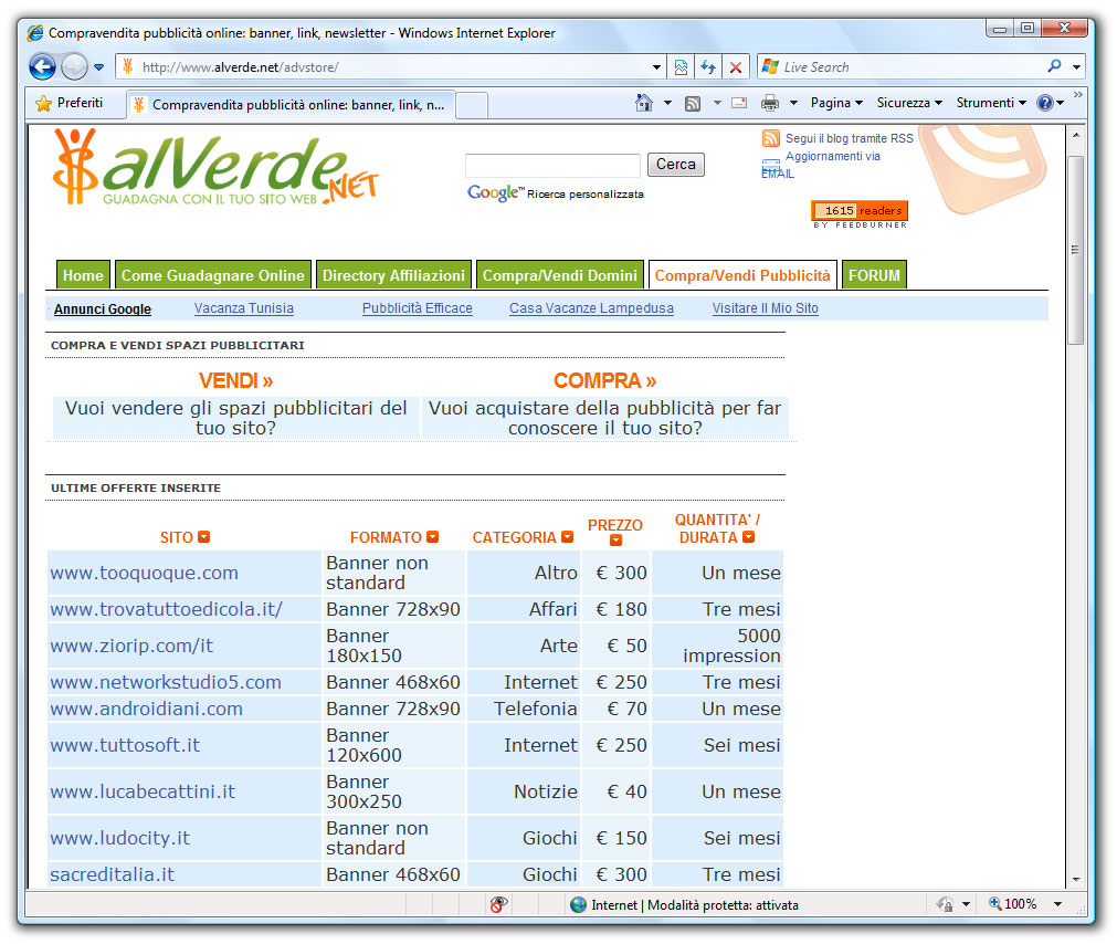 Figura 4: Il sito web “Al verde” (www.alverde.net) è una interessante risorsa italiana dove consultare offerte di vendita per link e domini