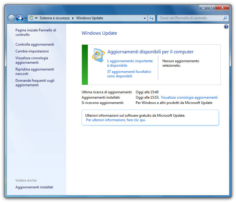 Figura 2: quando il sistema è protetto, Windows Update si presenta “vestito” di verde